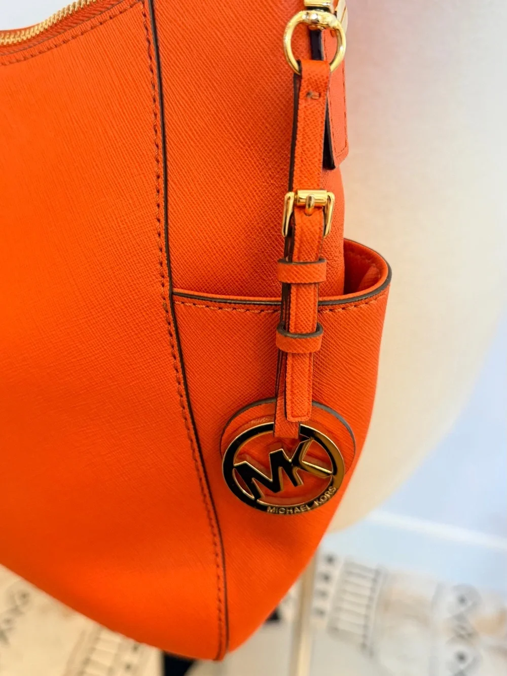 MICHAEL KORS Orange Saffiano Leather Hobo Shoulder Bag Gold Hardware
